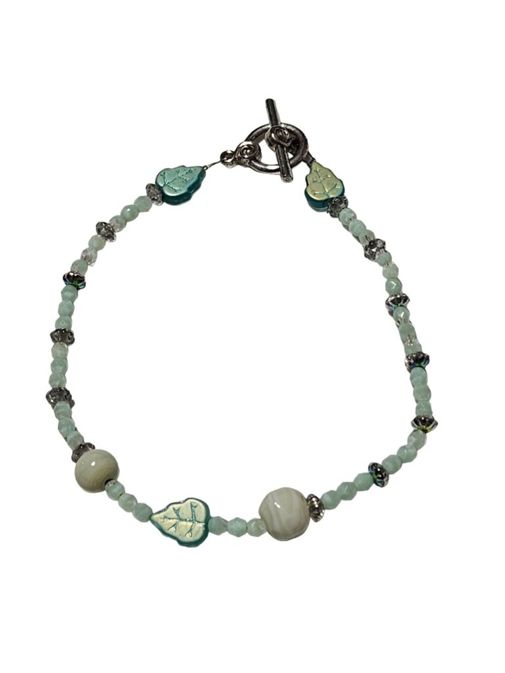 Handcrafted Beaded Leaf Charm Bracelet Toggle Clasp Nature Fashion Jewelry Women